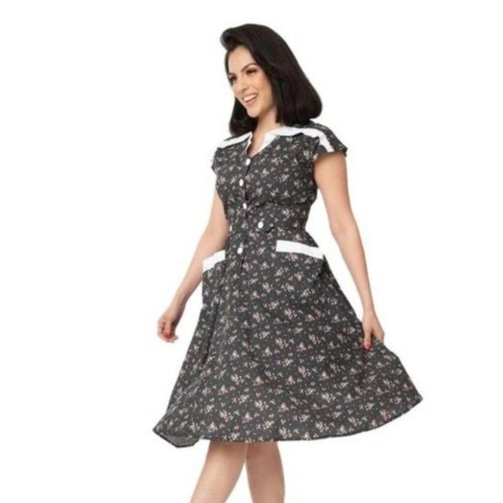 Unique Vintage Black Floral Hedda Dress XL 14
